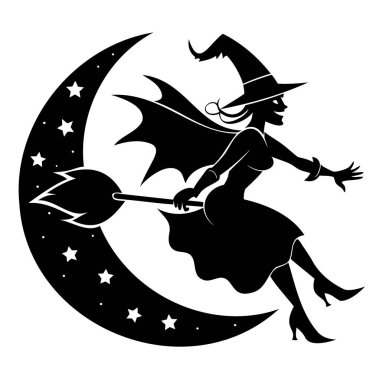 vector illustration of a witch with flying broom and a moon on a white background