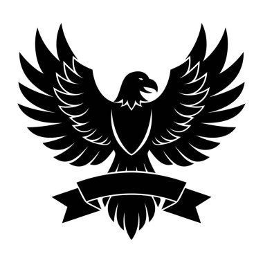 Vector silhouette of a heraldic eagle with wings raised upward in a rising pose. Symbol of strength and victory.