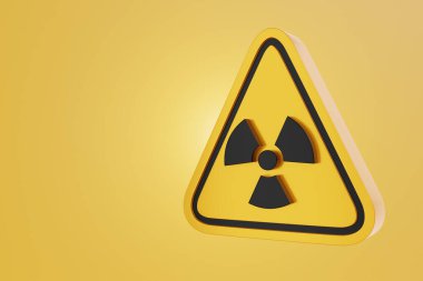 Sarı uyarı simgesinin 3 boyutlu çizimi: Radyoaktif, nükleer, kirletici, radyasyon, biyolojik kimyasal, kimyasal, kirlilik, reaktör, sarı arka planda izole edilmiş..