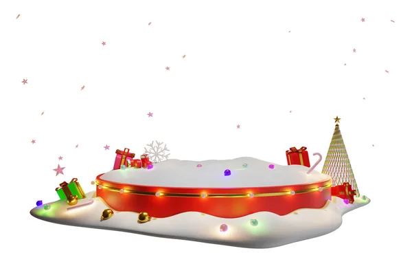 3Dお祝いイラスト幸せな新年と陽気なクリスマスレッド表彰台はギフトボックスや星 輝くライト 金色のボールで飾られています クリッピングパス — ストック写真