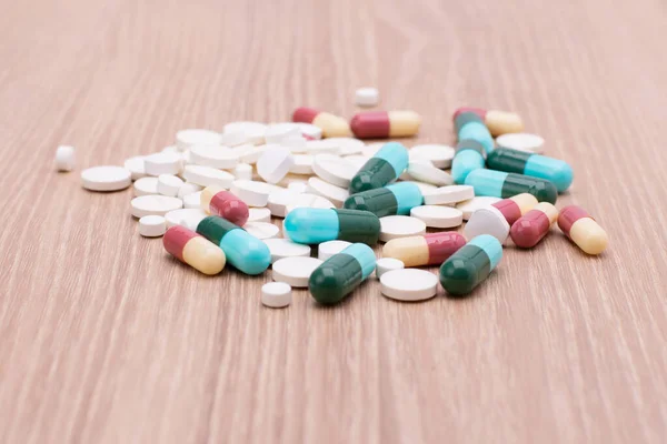 colorful pills with capsules and pills put on the hospital pharmacy dispensing table Pharmacies and clinics\' health care