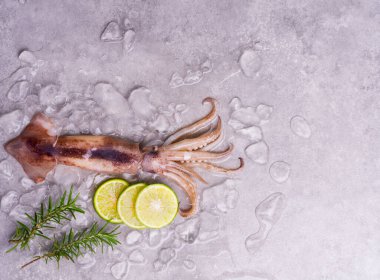 Limonlu buzlu çiğ kalamar sarımsaklı baharat salatası siyah ahşap masa zemininde, taze mürekkep balığı mutfak restoranında ya da deniz ürünleri pazarında pişmiş yemek için.