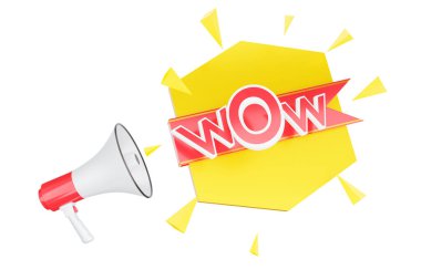Vay canına Bullhorn konuşma balonu tanıtım etiketi veya kırmızı megafon sarı ve beyaz arkaplanlı poster işareti etiketi