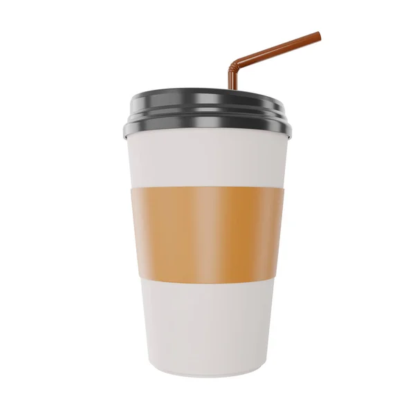 紙コーヒーカップまたは黒の蓋現実的なレプリカコーヒーマグカップ使い捨て飲料製品と茶色のブランクラベル付き1プラスチックガラス3Dレンダリングイラスト クリッピングパス — ストック写真