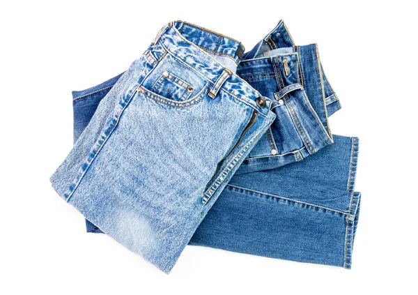 Jeans Azules Una Pila Pantalones Vaqueros Elemento Moderno Mujeres Hombres —  Fotos de Stock