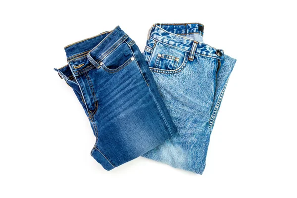 Pantalones Vaqueros Azules Composición Pantalones Modernos Moda Para Mujer Hombre —  Fotos de Stock