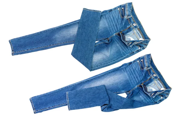 Jeans Azules Una Fila Una Pila Pantalones Vaqueros Elemento Moderno — Foto de Stock