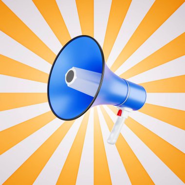 amplifikasyon hoparlörü ya da megafon hor blue megafon, beyaz ve sarı arkaplan canlandırma 3d illüstrasyon