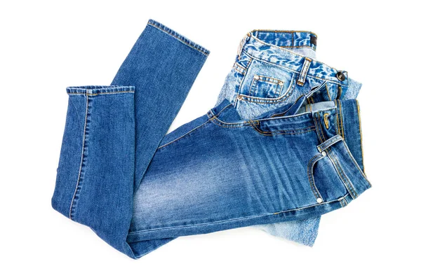 Jeans Azul Uma Pilha Calças Jeans Elemento Mulheres Modernas Homens — Fotografia de Stock