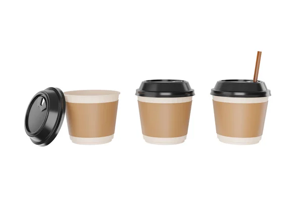 Vit Papper Kaffekopp Eller Plastmugg Tre Med Tom Brun Etikett — Stockfoto