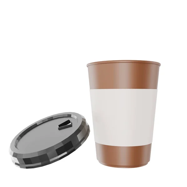 黒の蓋の現実的なモックアップコーヒーやティーマグカップ使い捨て飲料製品3Dレンダリングイラスト付きの白いラベルの茶色の紙コーヒーカップやプラスチックカップ1 クリッピングパス — ストック写真