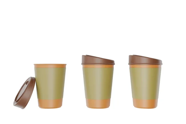 Vit Papper Kaffekopp Eller Plastmugg Tre Med Tom Grön Etikett — Stockfoto