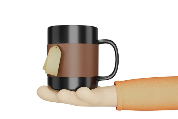漫画ハンドホールディングコーヒーカップエスプレッソカプチーノ朝食ドリンクは背景3Dレンダリングイラストに隔離されています — ストック写真