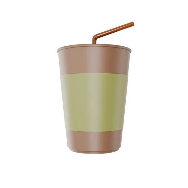 緑のブランクラベルの茶色の紙コーヒーカップやプラスチックカップ コーヒーや紅茶カップの現実的なモックアップ 使い捨て飲料製品3Dレンダリングイラスト クリッピングパス — ストック写真