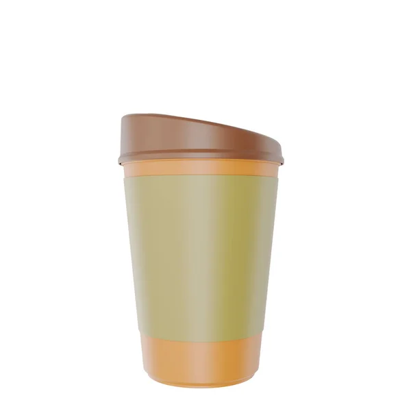 白い紙コーヒーカップまたはプラスチックカップの1つは 茶色の蓋現実的なモックアップコーヒーまたはティーマグカップ使い捨て飲料製品3Dレンダリングイラスト付きの空白の緑のラベル クリッピングパス — ストック写真