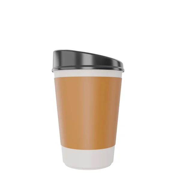 白い紙コーヒーカップまたはプラスチックカップの1つは 茶色の蓋現実的なモックアップコーヒーまたはティーマグカップ使い捨て飲料製品3Dレンダリングイラスト付きのブラックラベル クリッピングパス — ストック写真