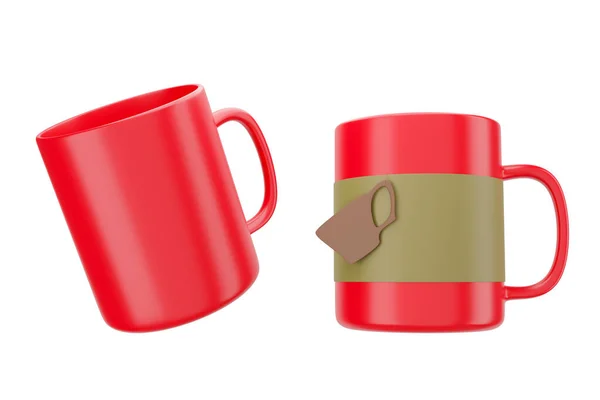2つの赤いセラミックマグカップまたはコーヒーカップEspressoカプチーノ朝食ドリンクバックグラウンドで隔離3Dイラストクリッピングパス — ストック写真