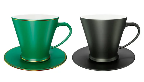 Zwei Grüne Und Schwarze Keramiktassen Oder Tassen Espresso Cappuccino Frühstücksgetränk — Stockfoto