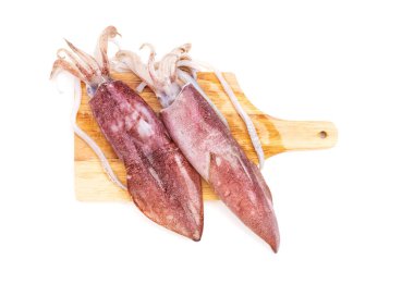 İki taze çiğ ahtapot, deniz ürünleri. Doğadan, yukarıdan. Beyaz arka planda izole edilmiştir..