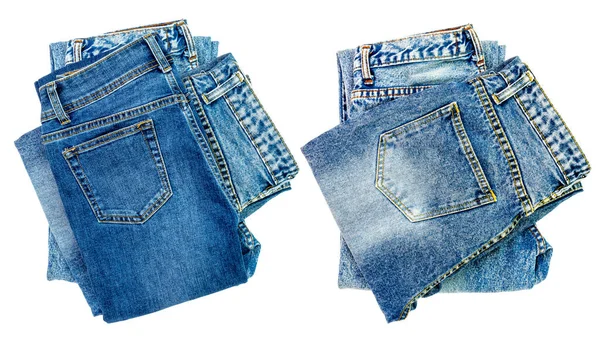 Calça Jeans Azul Alinhada Uma Pilha Elementos Jeans Calças Moda — Fotografia de Stock