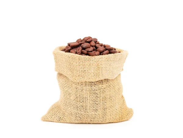 Heap Brown Roasted Coffee Beans Burlap Bags Isolated White Background — Stock Photo, Image