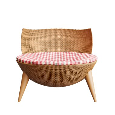 3D illüstrasyon, kahverengi rattan koltuğun ön görüntüsü, çağdaş tasarım, gündelik, doğal. Oturma odasındaki dekoratif mobilyalar arka plandan ayrılır - kırpma yolu