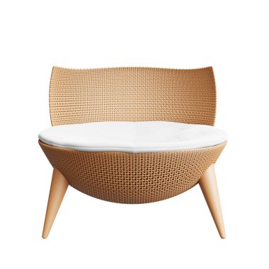 3D illüstrasyon, kahverengi rattan koltuğun ön görüntüsü, çağdaş tasarım, gündelik, doğal. Oturma odasındaki dekoratif mobilyalar arka plandan ayrılır - kırpma yolu