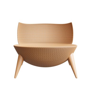 3D illüstrasyon, kahverengi rattan koltuğun ön görüntüsü, çağdaş tasarım, gündelik, doğal. Oturma odasındaki dekoratif mobilyalar arka plandan ayrılır - kırpma yolu