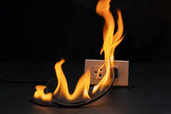 电源插座失火是由短路电流引起的 预防危险的概念 使用非标准设备 损坏设备 图库图片