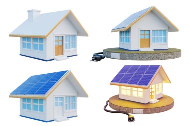 Çatıda güneş fotovoltaik panelleri olan bir evin 3 boyutlu görüntüsü. Güneş enerjisi kullanan binalar modern teknoloji endüstrisi - kırpma yolu