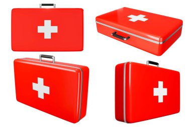 SET ilk yardım çantası, kırmızı ilaç kutusu, acil yardım arabası, ambulans tıbbi yardım ve acil durum kaza konsepti 3D resimli ikonlar - kırpma yolu