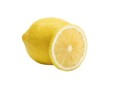 Limon beyazı izole eder. Yapraklı bir buçuk limonlu meyve. Beyazın yan görüntüsü. kırpma yolu ile.