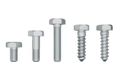 Vidalar ve vidalar Gerçek metal bağlayıcılar ve fındıklı 3 boyutlu donanım seçimi. Çelik çivilerin ön görüntüsü. kırpma yolu ile 3B illüstrasyon için araçlar