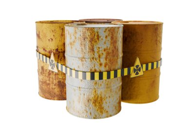 Kimyasal ve radyasyon petrol tankları, arka planda izole edilmiş, tehlikeli işaretleri olan paslı metal tanklar, petrol sızıntıları veya ham petrol endüstrisindeki sıvı nesneler. 3B illüstrasyon, gerçekçi canlandırma - kırpma yolu