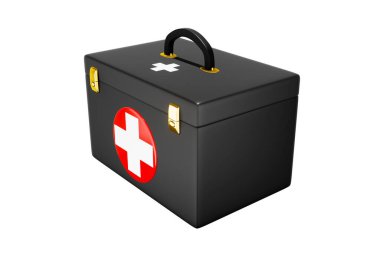 İlk yardım çantası, siyah ilaç kutusu, acil yardım arabası, ambulans tıbbi yardım ve acil durum kaza konsepti 3D resimli ikonlar - kırpma yolu