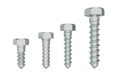 Vidalar ve vidalar Gerçek metal bağlayıcılar ve fındıklı 3 boyutlu donanım seçimi. Çelik çivilerin ön görüntüsü. kırpma yolu ile 3B illüstrasyon için araçlar