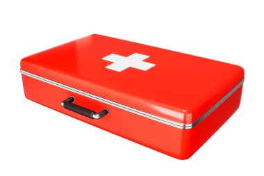 İlk yardım çantası, kırmızı ilaç kutusu, acil yardım arabası, ambulans tıbbi yardım ve acil durum kaza konsepti 3D resimli ikonlar - kırpma yolu