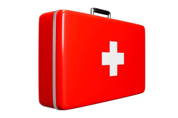 First aid kit, red medicine box, emergency car, ambulance medical assistance Care and assistance emergency accident concept 3D illustrated icons - clipping path