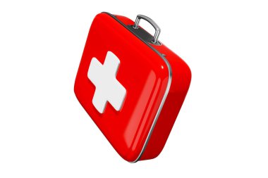 İlk yardım çantası, kırmızı ilaç kutusu, acil yardım arabası, ambulans tıbbi yardım ve acil durum kaza konsepti 3D resimli ikonlar - kırpma yolu