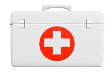 İlk yardım çantası, beyaz ilaç kutusu, acil yardım aracı, ambulans tıbbi yardım, bakım ve kurtarma, 3D acil durum konsepti kesim yolu simgesini gösteren.
