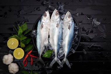 Fresh mackerel, natural seafood on a black plate with ice arranged on a black wooden background. Top view. clipart