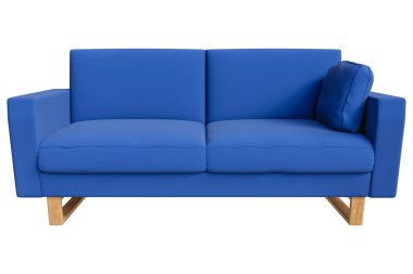 Gerçekçi mavi kanepe, illüstrasyon, 3D çizim, minimalist tarzda dekore edilmiş, iç dekorasyon arka plan kırpma yolundan ayrılmış.