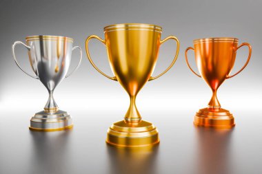 Altın, gümüş, bronz madalya, arka planda izole edilmiş ödül. 3B illüstrasyon.