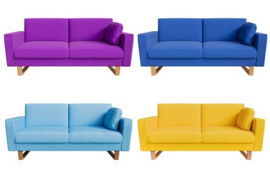 Gerçekçi mor, mavi, sarı koltuklar, kumaş veya deri koltuklar, illüstrasyonlar, minimalist tarzda dekore edilmiş 3D renkler, arka plan kırpma yolundan ayrılmış iç mekan.