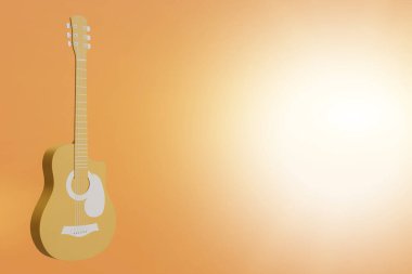 Sarı arka planda izole edilmiş akustik gitar. 3B illüstrasyon oluşturma