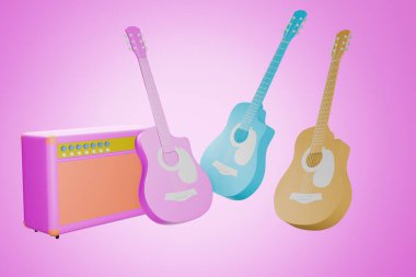 Blue, pink, yellow acoustic guitar, sound amplifier. Isolated from the pink background. 3D illustration rendering clipart