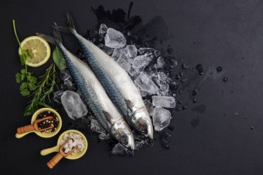 Çiğ uskumru, pişirme malzemeleri, limon, biberiye, biber, siyah arkaplan, koyu, üst görünüm, kopyalama alanı..