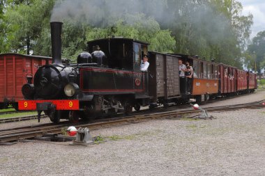 Mariefred, İsveç - 24 Temmuz 2024: OSLJ demiryolu müzesi tarafından işletilen dar bir buhar treni.