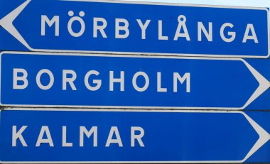 Sign post with directional road signs to the Swedish towns Morbylanga, Borgholm and Kalmar. clipart