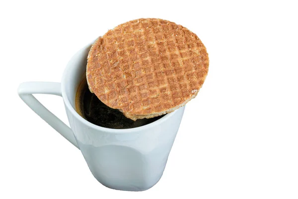 One Stroopwafel Cookie Cup Coffee_White Background — Stock Photo, Image